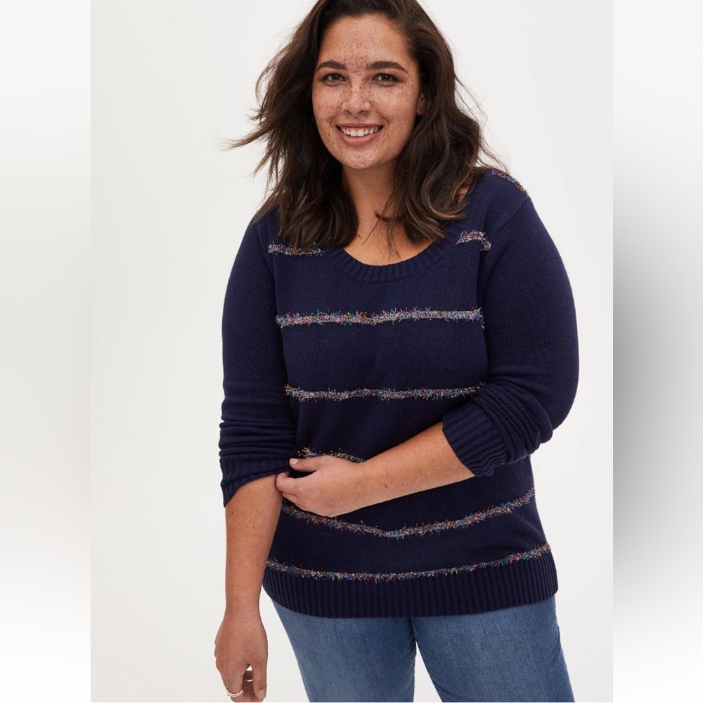 Torrid size 00x 10 M/L Stripe Tinsel Pullover Sweater Navy
